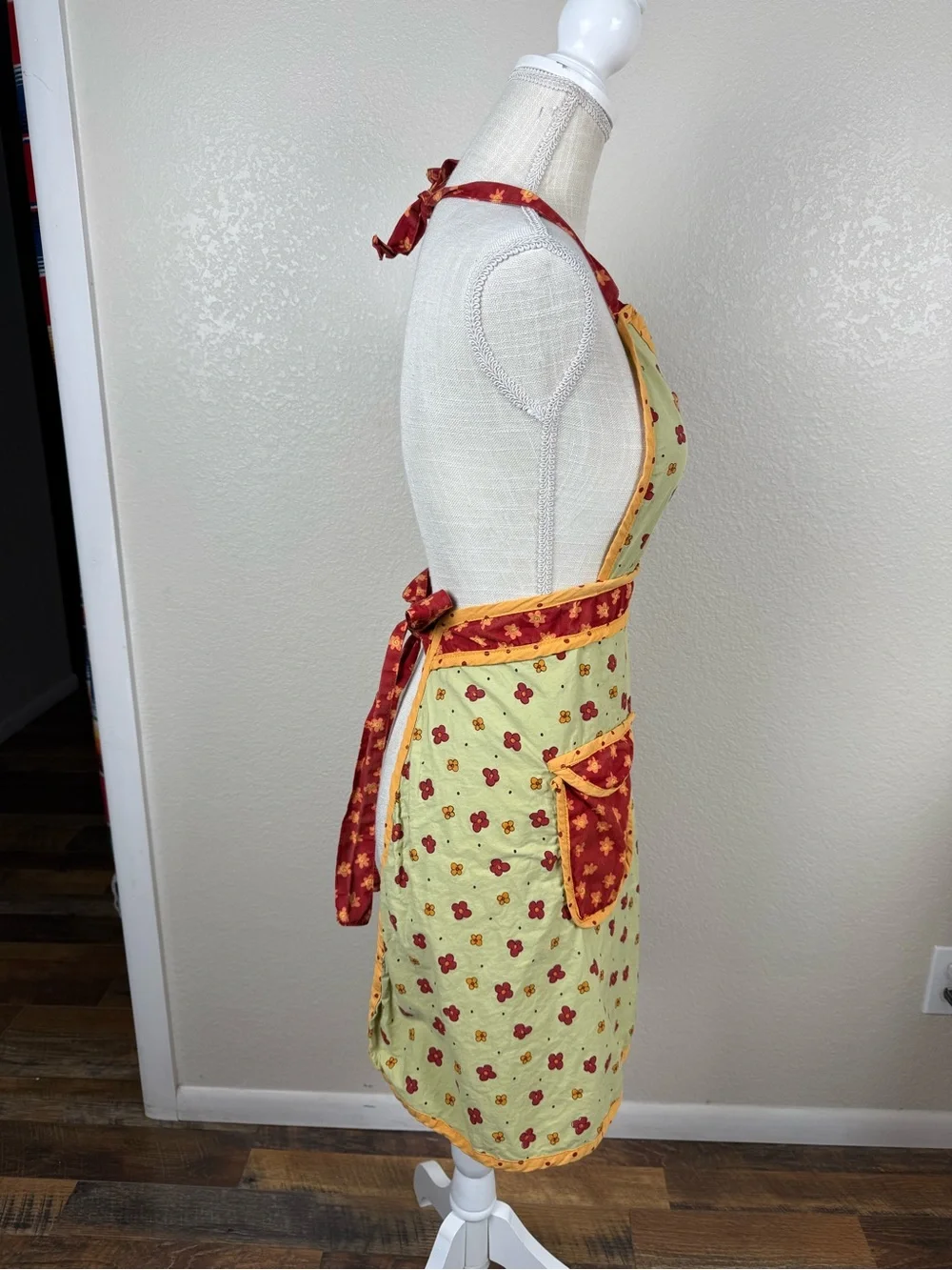 Yellow Floral Apron Dress with Red Accents